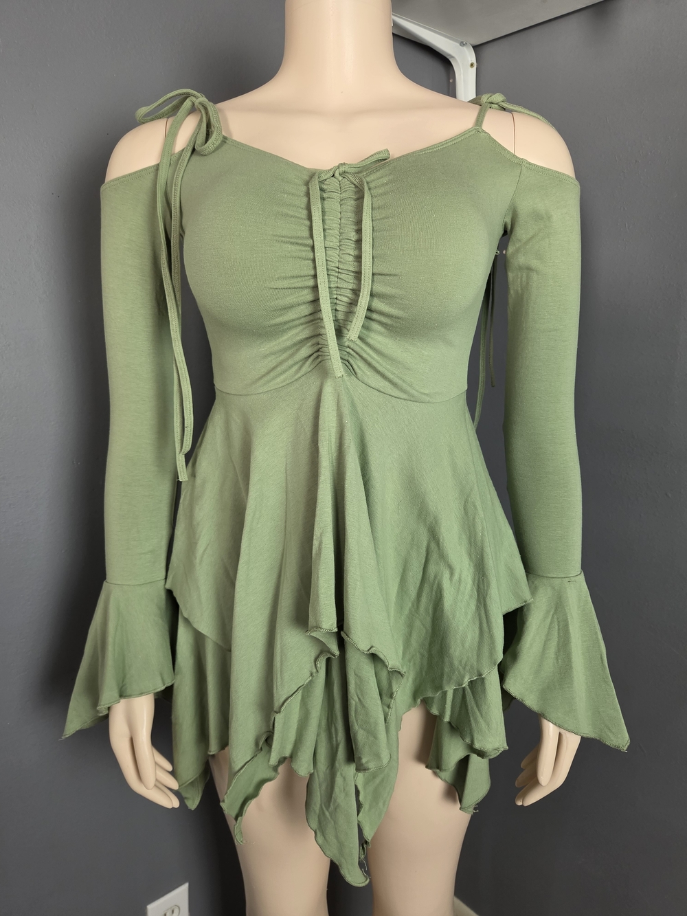 Olive Green Cold-Shoulder Ruffle Hem Dress